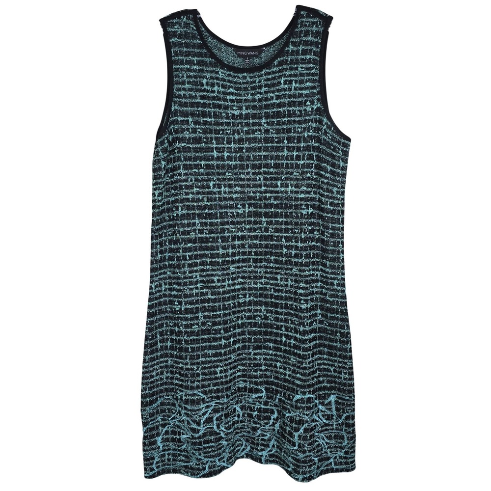 Ming Wang Women's Large Dress‎ Teal Black Metallic Knit Boucle Patterned